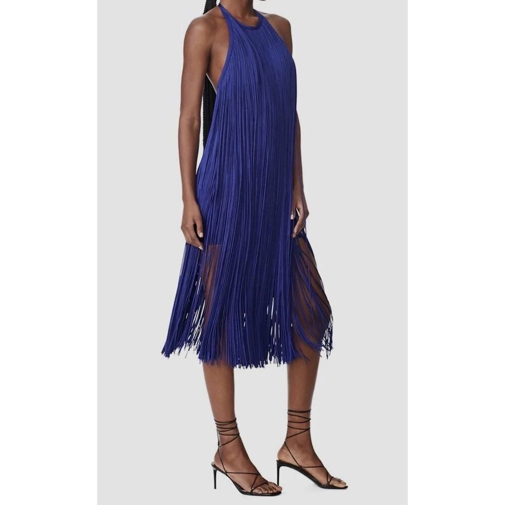 Herve Leger Paris Women's Purple Fringed Halter Midi Dress Size L